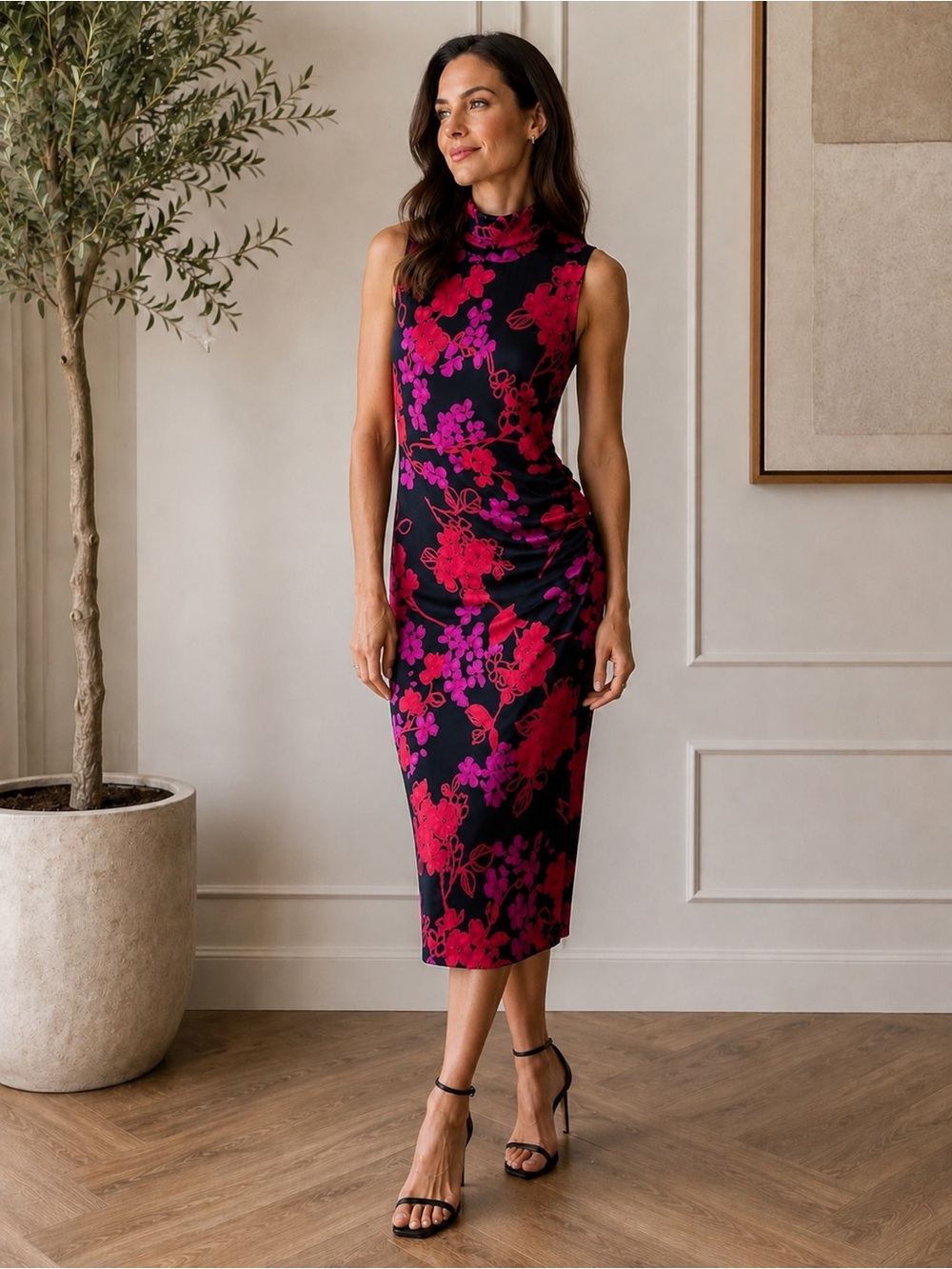 Vtg Y2K Armani Collezioni Silk Ruched Floral Dress Made Italy Sheath Midi Sz 12